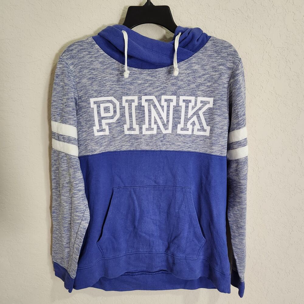 Victoria's Secret VS PINK Blue Gray White Stripe Pocket Hoodie Sweatshirt Small